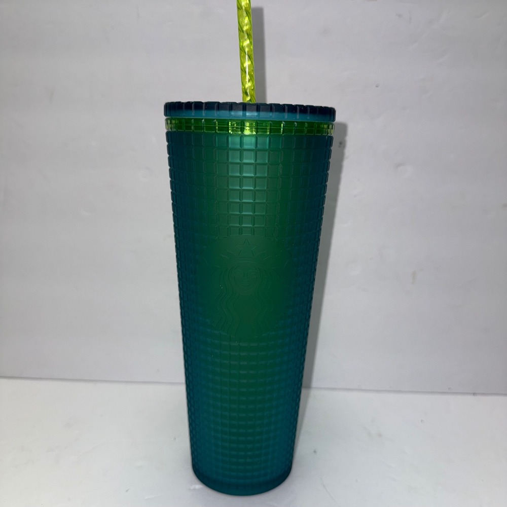 New Starbucks Tumbler Cold Cup 24oz Teal Green Grid Textured Venti Siren